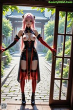 Hentai - When the Wind Rises Her Beauty Awakens Set.1 20250215 Part 14 A woman stands in a doorway, wearing a black and red outfit with gloves and boots.