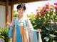 A woman in a blue and brown hanbok standing in front of flowers.