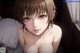 Anime girl with brown hair and big tits posing naked on a bed.