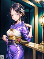 Hentai - 和风之诱之花瓣般の诱人肌肤 Set 2 20230606 Part 30 A woman in a purple kimono standing next to a bar.