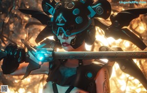 A woman in a black and blue outfit holding a sword.