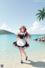 Hentai - In The Soft Glow Of Her Lace She Waits With Gentle Grace Set.1 20241223 Part 16 A woman in a maid outfit walking on the beach.